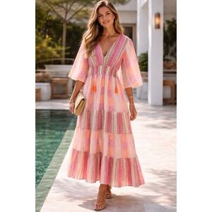 India Boutique Pink Orange Boho 3/4 Sleeve Ruffle Maxi Dress Small Peasant Long